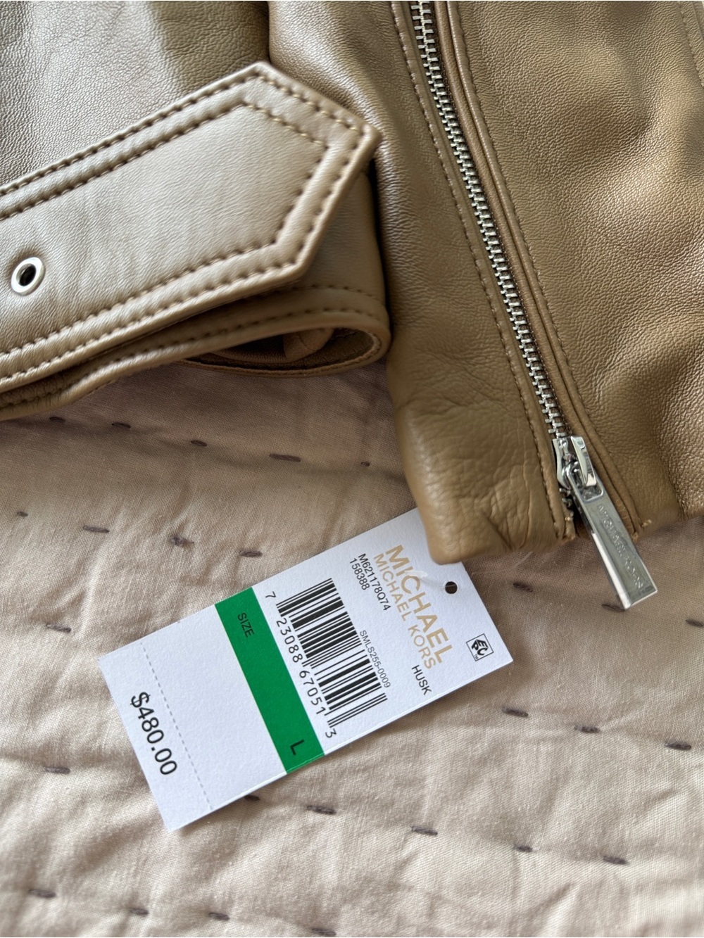 Michael Kors Women's Belted Leather Moto Coat Husk L NWT $480 - Picture 2 of 16